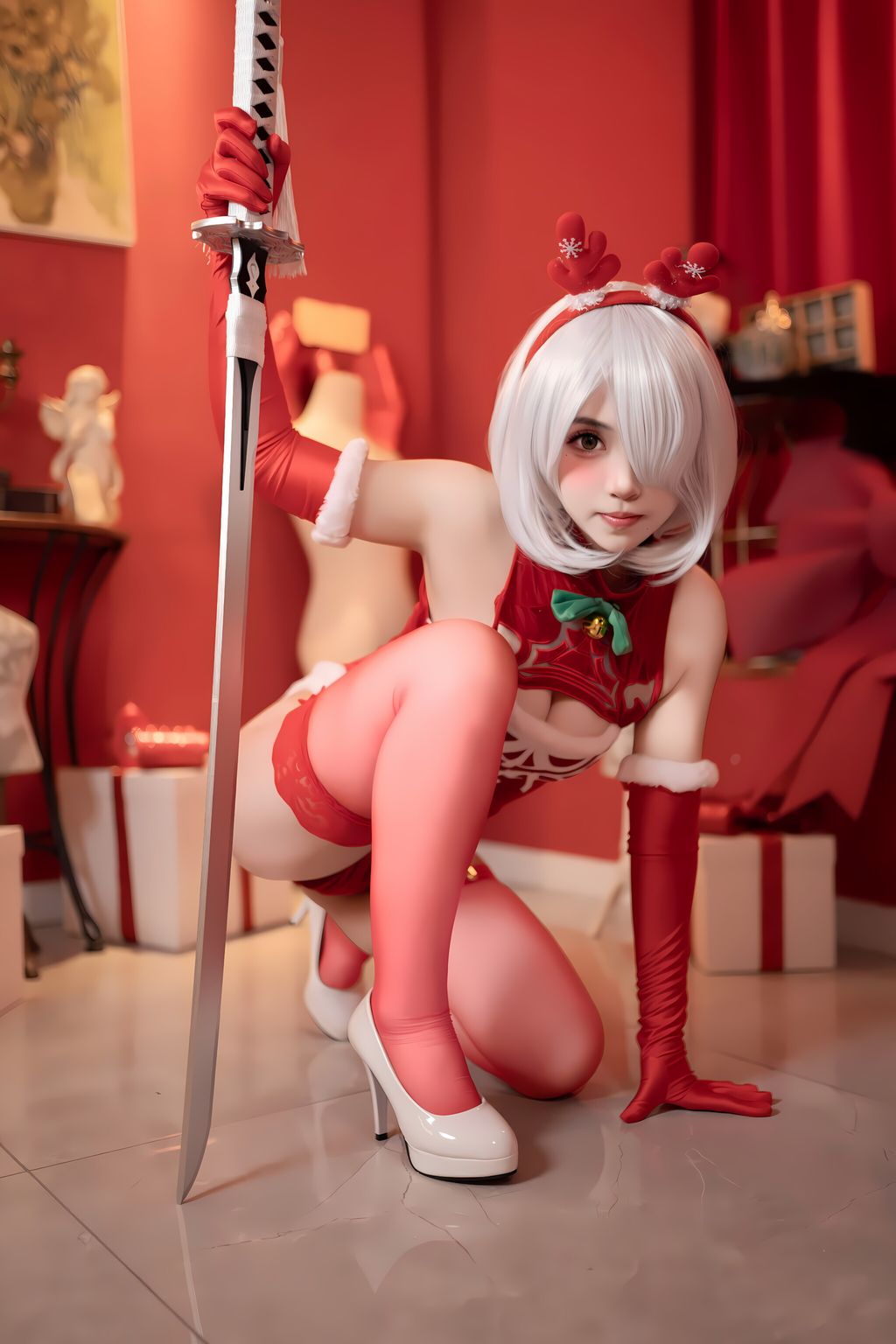 CoserBangni邦尼 圣诞尼尔 红裙御姐 132 photos - 44
