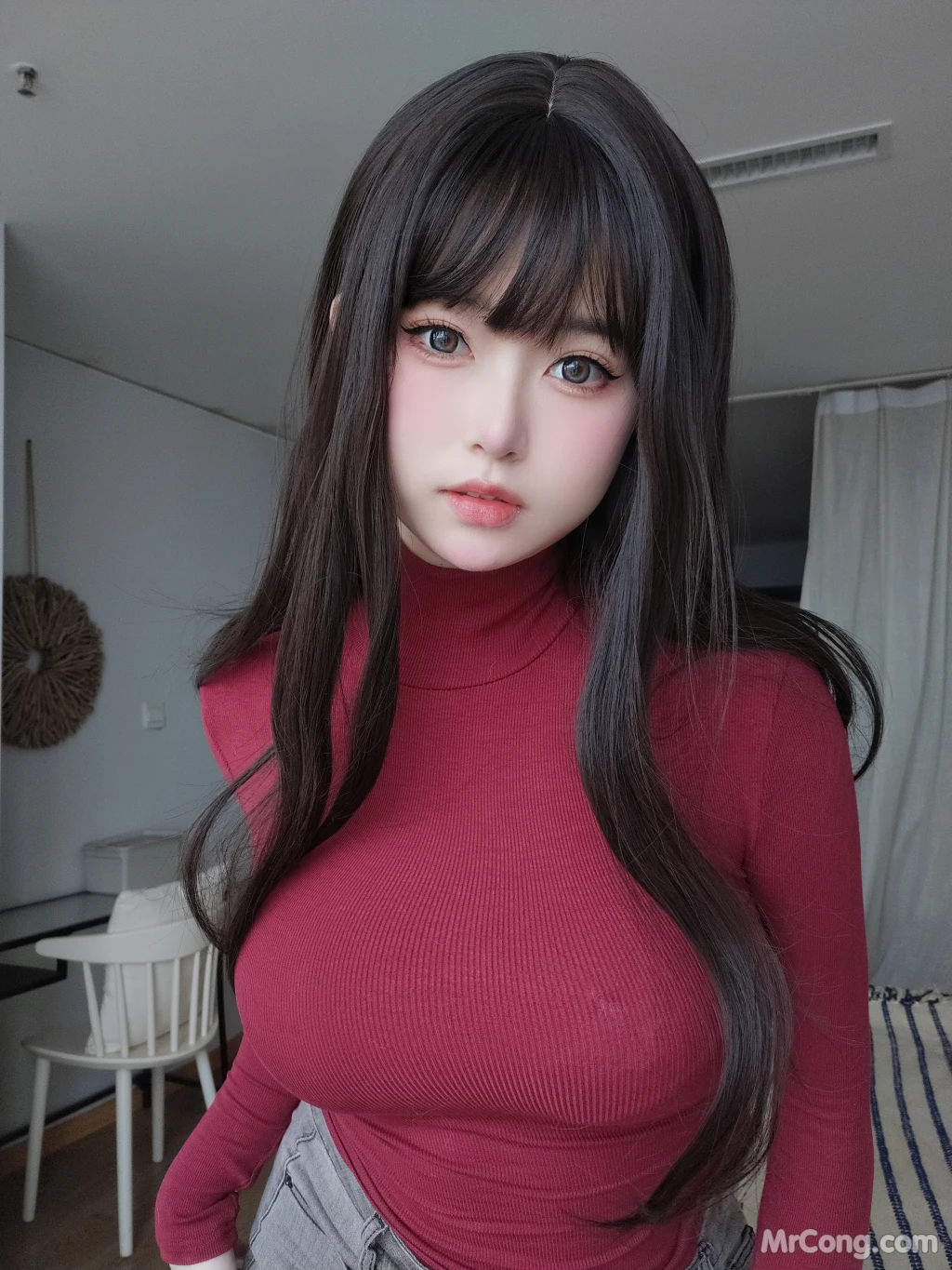 Coser女主K 红色毛衣的丰满妹妹 103 photos