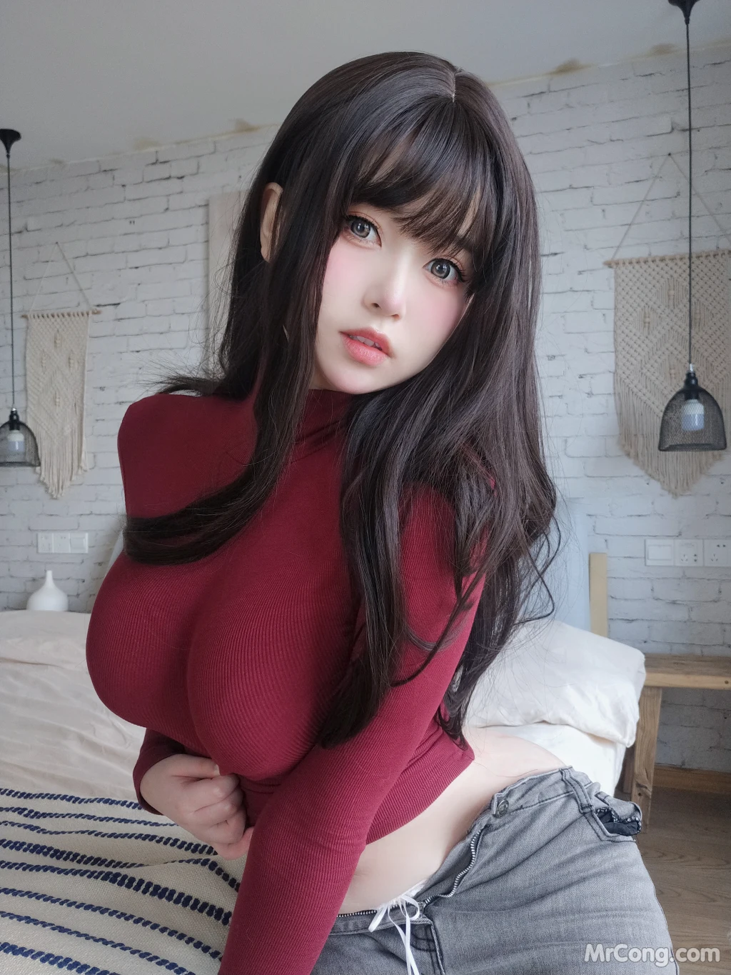 Coser女主K 红色毛衣的丰满妹妹 103 photos - 87