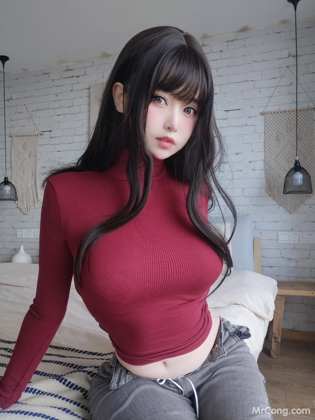 Coser女主K 红色毛衣的丰满妹妹 103 photos - 103